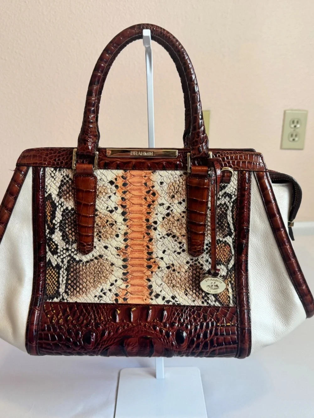 Brahmin Satchel Handbag Snakeskin Leather Trim Mini Asher Melbourne Hemlock